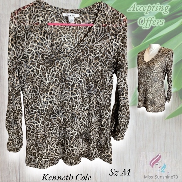 Kenneth Cole New York - Sz M - transparent pattern floral cheetah ruched sleeves - Picture 1 of 7
